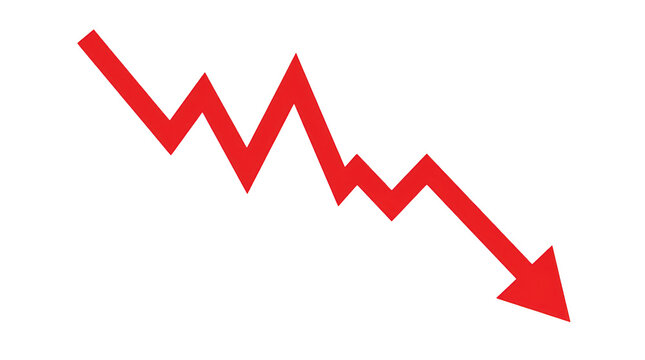 Downward trending red arrow indicating decline or decrease in data isolated on transparent background