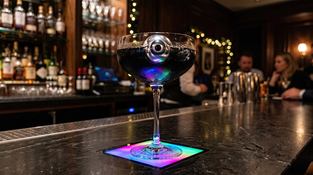 Glowing cocktail with eyeball garnish on illuminated bar coaster