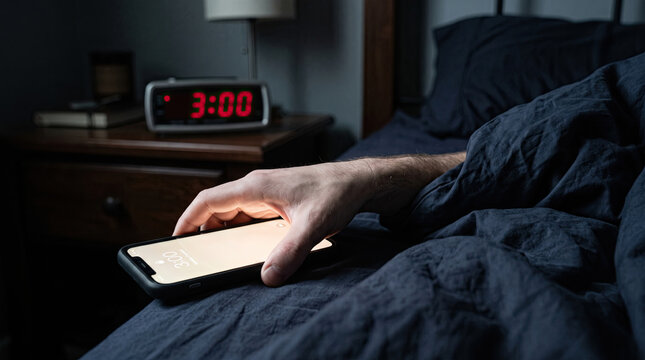 Man reaching for smartphone in bed during sleepless night