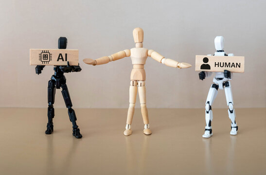 AI and Human Collaboration Concept with Wooden Mannequin and Robots Holding Data and AI Signs.