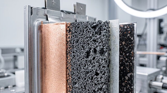 Cross section of layered battery cell with copper and carbon