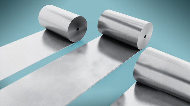 Aluminum sheet rolls isolated on blue background. 3D illustration
