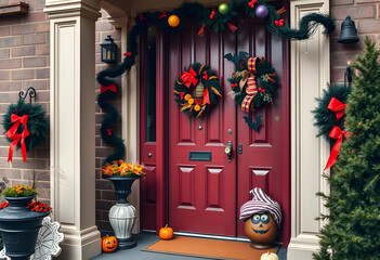Fototapeta premium Residential front door decorated for halloween and christmas holidays with Wreaths, garlands, and pumpkins
