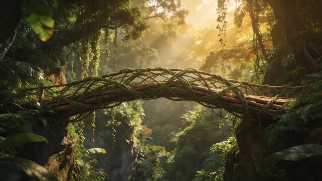 Rustic Vine-Covered Wooden Bridge in Tropical Rainforest