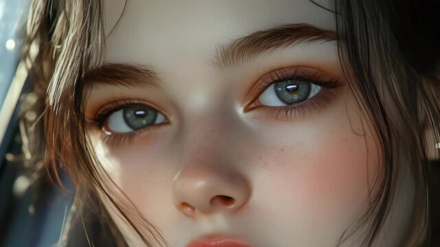 A detailed portrait with focus on the eyes and facial features of a youthful person with soft lighting.