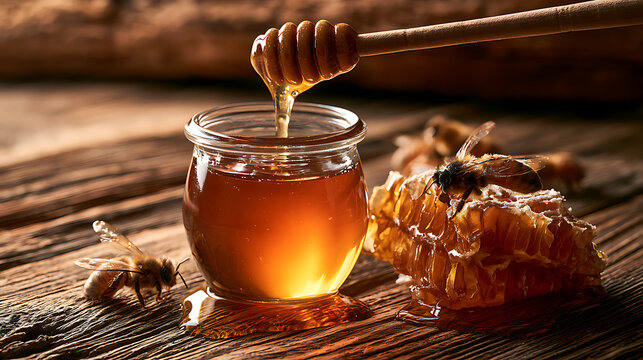 A jar of honey with honeycombs on a wooden table