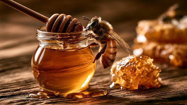 Still life: a glass jar filled with golden liquid honey sits on an old, weathered wooden table.