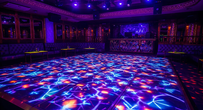 Empty nightclub dance floor with colorful led lights with lights dark room floor vibrant entertainment
