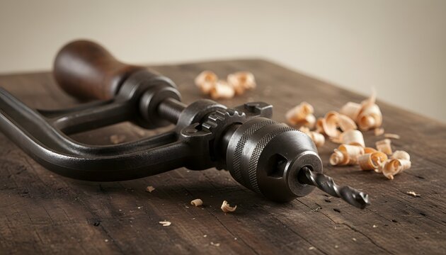 Vintage hand drill brace tool resting on a rustic wooden workbench with wood shavings for traditional woodworking and manual craftsmanship concept shot