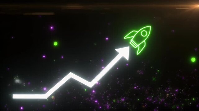Growing arrow graph with rocket ascending during dark cosmic particle background with lens flare