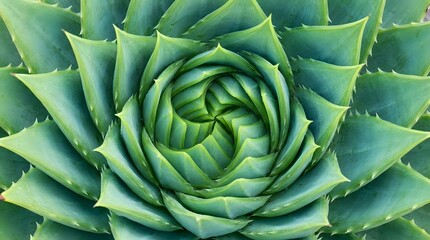 Fototapeta premium Close-up overhead view of succulent plant with tightly spiraled green leaves forming geometric rosette pattern, suitable for nature and botanical backgrounds.
