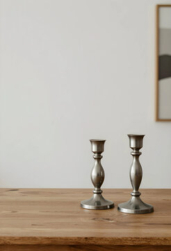 Two antique silver candlesticks on a rustic wooden table with a minimalist white wall background, home decor and interior design