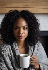 Obraz premium Young african american woman with curly hair holding a white coffee mug, cozy home lifestyle and Relaxation