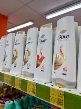 01.08.2026 Ukraine, Kharkov Dove Shampoo and Conditioner Bottles Row on Store Shelf