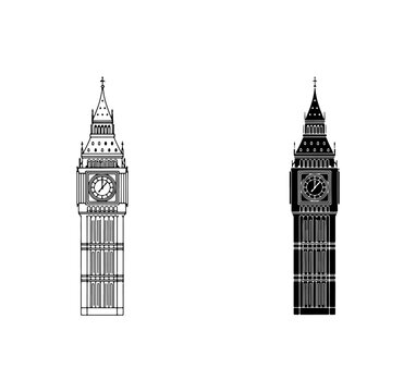 Big Ben Clock Tower Vector Icons, London Landmark Silhouette, Architectural Building Illustration