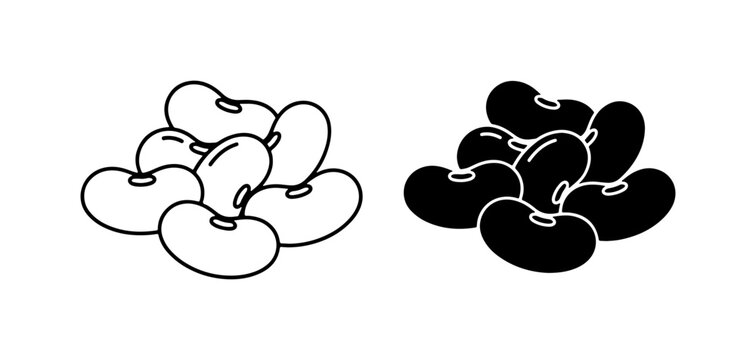 Bean Icons, Kidney Beans, Black and White Vector Graphics for Food and Health