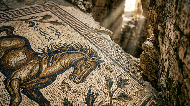 Detailed ancient Greek mosaic artwork featuring a horse's head amidst crumbling ruins, showcasing rich historical artistry and craftsmanship.