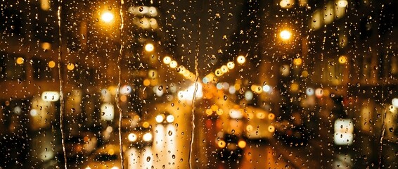 Rainy night street scene with warm golden bokeh lights and wet pavement reflecting urban glow, suitable for backgrounds and atmospheric design projects. © Yuliia
