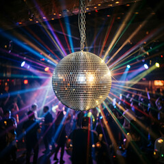 Obraz premium Vibrant disco ball reflecting colorful lights in nightclub.
