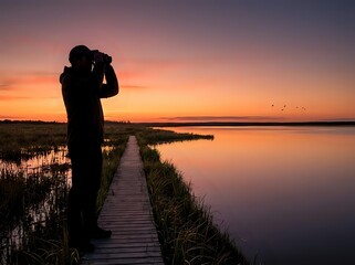 Fototapeta premium Silhouette of man with binoculars watching birds at sunset over calm lake, wooden pier and wetland, nature observation and outdoor adventure concept.