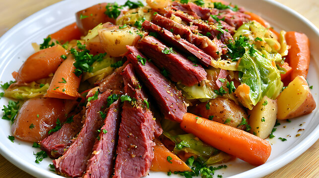 Tender slices of pink beef brisket with a finely marbled layer of fat are laid out next to generous portions of soft cabbage and bright orange pieces of carrot.

