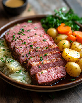 Slices of corned beef brisket, delicately marbled with fat, sit alongside generous portions of soft cabbage and bright orange carrot slices.