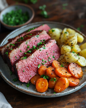 A hearty home-cooked corned beef and cabbage dish served on a rustic ceramic platter on an old wooden table.