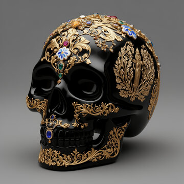 calavera negra, calavera dorada, cr&aacute;neo decorado, dise&ntilde;o barroco, ornamentaci&oacute;n barroca, filigrana dorada, arte decorativo, lujo, lujo extremo, elegancia, dise&ntilde;o elegante, joyer&iacute;a, piedras preciosas, 