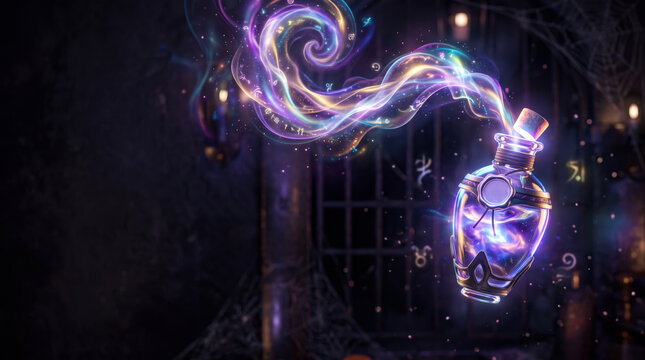 Enchanting halloween potion bottle featuring vibrant swirls and shimmering sparkles dark ambiance