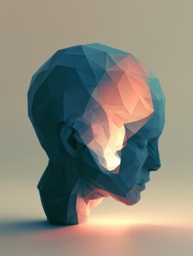 A 3D low poly head form shows a gradient glow from coral to teal. It stands on a neutral backdrop with empty space above.