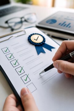 Digital document management checklist with check mark approval, ensuring quality assurance through audit, examination, and assessment.