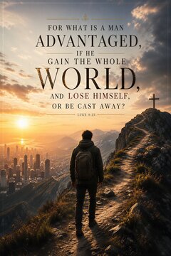 Profound Biblical Scripture Poster from Luke 9:25, contemplating the Loss of Self versus Worldly Gain and Identity.