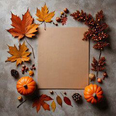 Fototapeta premium Autumn harvest frame with blank brown paper, maple leaves, pumpkins, pinecones, and berries on a gray background