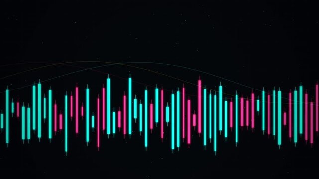 Abstract financial market candlestick chart with cyan and pink bars