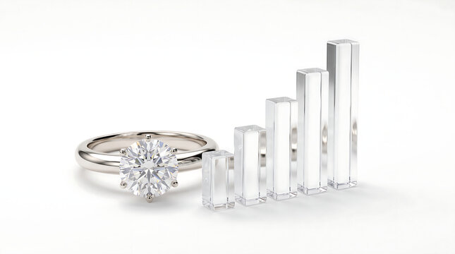 Diamond engagement ring with crystal bar chart, luxury jewelry investment growth and sales increase concept
