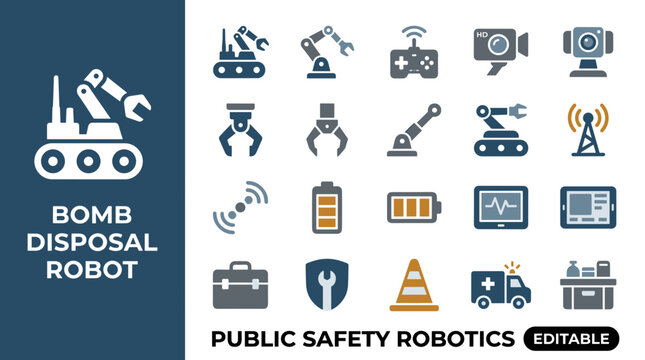 Public safety and bomb disposal robotics icon set