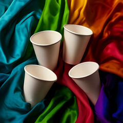 Obraz premium Four blank beige paper cups arranged on a colorful rainbow fabric background, sustainability and eco friendly, the cups are suitable for various beverages like coffee or tea