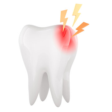 Molar tooth with painful area and lightning symbols. Acute toothache, dental sensitivity, enamel damage and urgent dental care, concept. 3d rendering