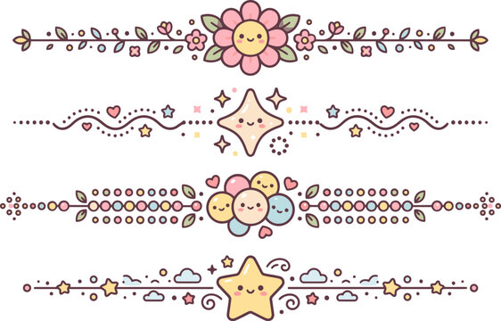 Kawaii pastel floral dividers, cute star and cloud text separators, whimsical line art borders for scrapbooking and stationery