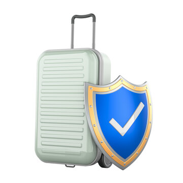 Suitcase with security shield, travel protection and baggage insurance. 3D rendering
