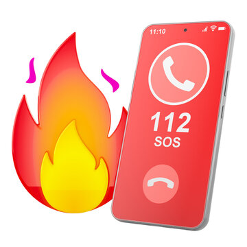 Smartphone with 112 SOS emergency call and fire icon. 3D rendering