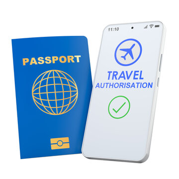 Approved electronic travel authorization on smartphone with passport. 3D rendering