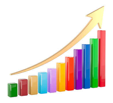 Colorful bar chart with upward gold arrow. 3D rendering