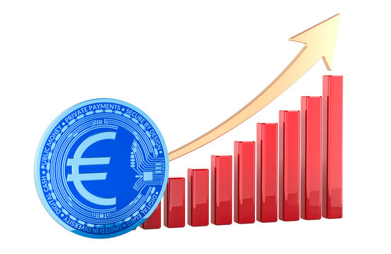 Digital euro coin with rising bar chart and upward arrow. 3D rendering
