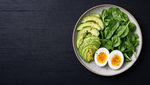 Healthy breakfast plate with sliced avocado and hardboiled eggs and fresh spinach leaves