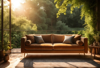 Obraz premium Modern outdoor living room with a comfortable sofa on a balcony overlooking a lush green forest at sunset, the scene overlooks a lush green forest bathed in the warm glow of a sunset