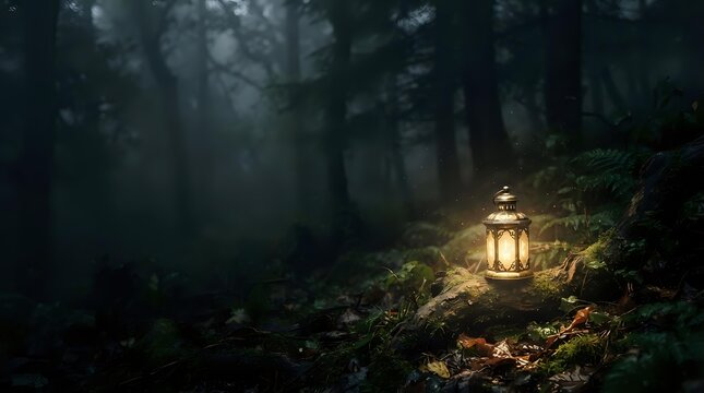 Vintage brass lantern glowing with warm light on forest ground surrounded by dark trees and mist, creating atmospheric mood for fantasy, mystery, adventure, and magical woodland scenes.