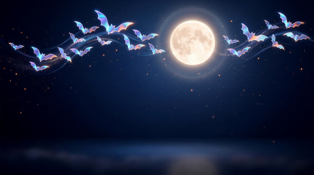 Eerie halloween night featuring bats soaring beneath glowing full moon