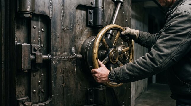 Man wearing gloves turns the large wheel on a vintage bank vault door