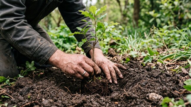 Gardener planting a young oak sapling in rich soil with hands covered in dirt, symbolizing growth and environmental care